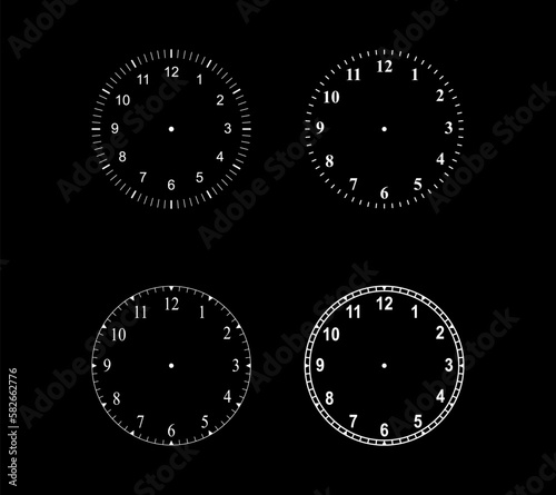 Mechanical clock faces with arabic numerals, bezel. Timer or stopwatch element. Vector illustration