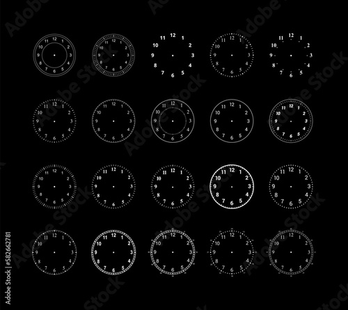 Mechanical clock faces with arabic numerals, bezel. Timer or stopwatch element. Vector illustration