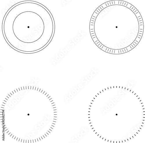 Mechanical clock faces with arabic numerals, bezel. Timer or stopwatch element. Vector illustration