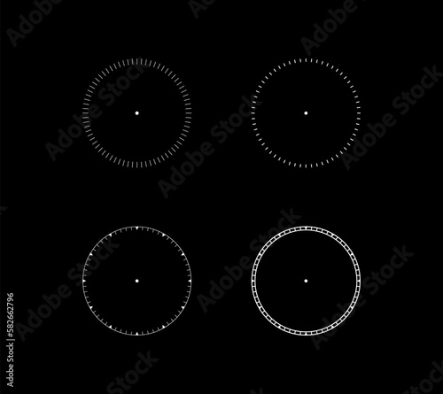 Mechanical clock faces with arabic numerals, bezel. Timer or stopwatch element. Vector illustration