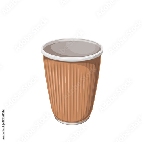 Paper coffee cup vector illustration. Cartoon isolated cardboard mug for takeaway hot drink from fast food restaurant and coffee shop, disposable empty brown cup with texture cover for beverage