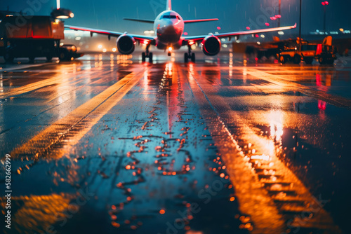 Night Airport. after the rain. transport industry. ai generative