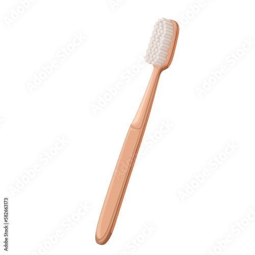 Bamboo toothbrush vector illustration. Cartoon isolated brush with wooden handle and natural bristles for oral hygiene, eco friendly toothbrush for cleaning teeth in morning and evening routine