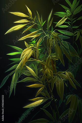 A bamboo plant with green leaves. Generative AI