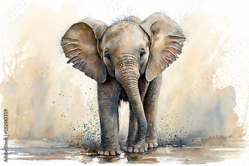 Baby elephant. generative ai. Aquarelle illustration. Watercolor painting of a cute baby elephant