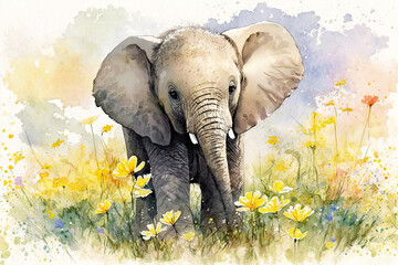 Acrylglasbilder Safari-Tiere in Aquarell Watercolor painting of a cute baby elephant on a blooming meadow. generative ai. Baby elephant. Aquarelle illustration  © Aquir