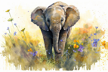 Acrylglasbilder Safari-Tiere in Aquarell Watercolor painting of a cute baby elephant on a blooming meadow. generative ai. Baby elephant. Aquarelle illustration  © Aquir