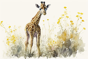 Acrylglasbilder Safari-Tiere in Aquarell Watercolor painting of a cute baby giraffe on a blooming meadow. generative ai. Baby giraffe. Aquarelle illustration  © Aquir