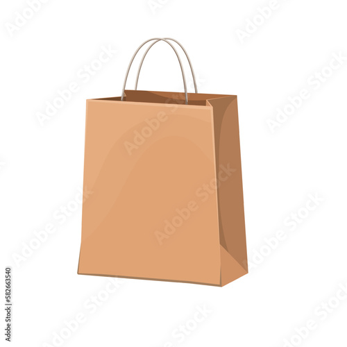 Paper bag with handles vector illustration. Cartoon isolated brown square zero waste handbag for fashion product and clothing, standing gift bag and empty takeaway food packaging from grocery store