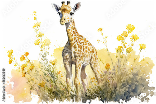 Watercolor painting of a cute baby giraffe on a blooming meadow. generative ai. Baby giraffe. Aquarelle illustration