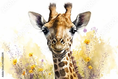 Watercolor painting of a cute baby giraffe on a blooming meadow. generative ai. Baby giraffe. Aquarelle illustration photo