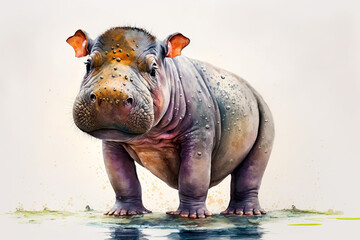 Acrylglasbilder Safari-Tiere in Aquarell Watercolor painting of a cute baby hippo. Baby hippo. generative ai. Aquarelle illustration  © Aquir