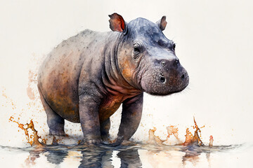 Acrylglasbilder Safari-Tiere in Aquarell Watercolor painting of a cute baby hippo. Baby hippo. generative ai. Aquarelle illustration  © Aquir