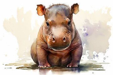 Acrylglasbilder Safari-Tiere in Aquarell Watercolor painting of a cute baby hippo. Baby hippo. generative ai. Aquarelle illustration  © Aquir