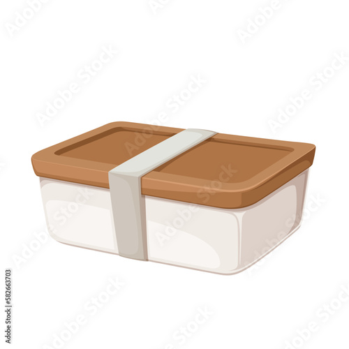 Glass lunchbox vector illustration. Cartoon isolated food storage eco container with wooden lid, reusable glass box for snacks on kids school lunch, closed jar for organised meal in refrigerator