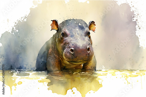 Watercolor painting of a cute baby hippo. Baby hippo. generative ai. Aquarelle illustration