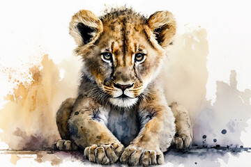 Gardinen Kinderzimmer Watercolor painting of a cute baby lion. generative ai. Baby lion. Aquarelle illustration  © Aquir