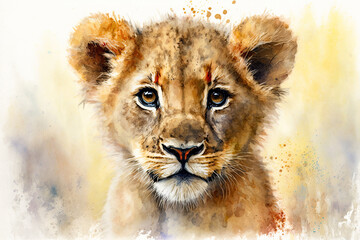 Acrylglasbilder Safari-Tiere in Aquarell Watercolor painting of a cute baby lion. generative ai. Baby lion. Aquarelle illustration  © Aquir