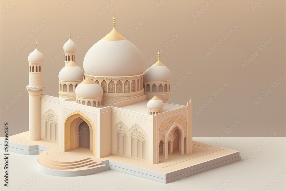 A model of a mosque with a white dome and a black roof. Generative AI