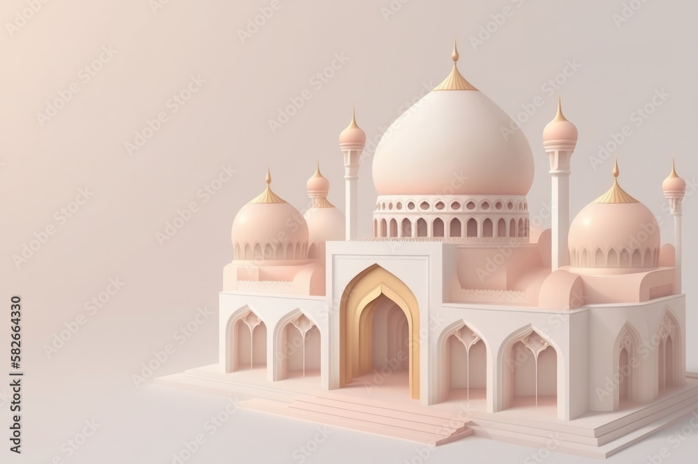 A paper cut illustration of a mosque with a pink background. Generative AI