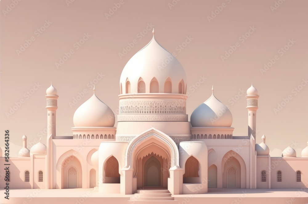 A model of a mosque with a pink background. Generative AI