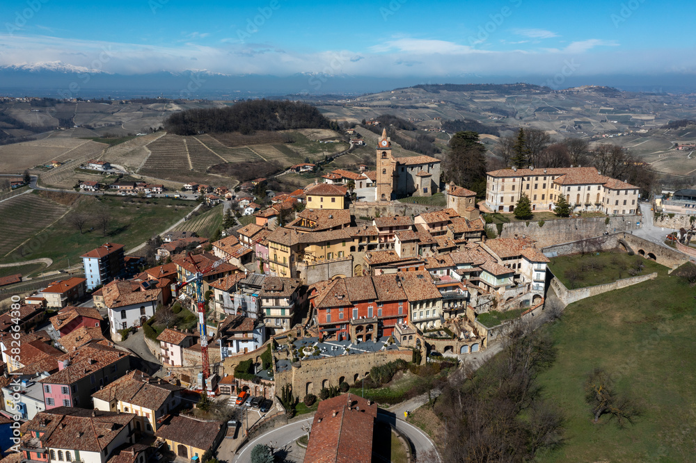 view of the picturesque village of Montforte d'Alba in the Barolo wine region of the Italian Piedmont
