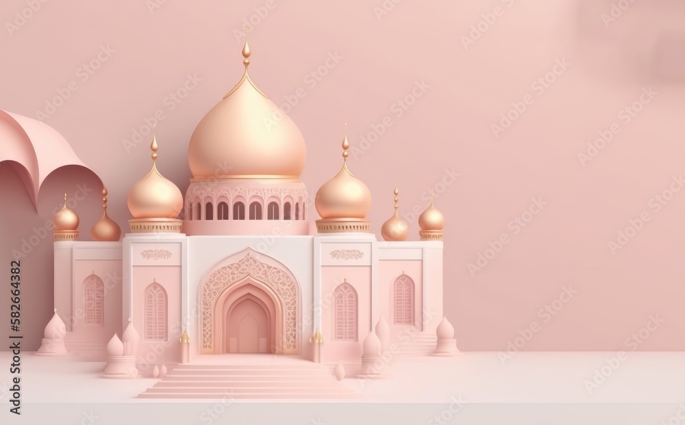 A pink mosque with a gold dome on the top. Generative AI