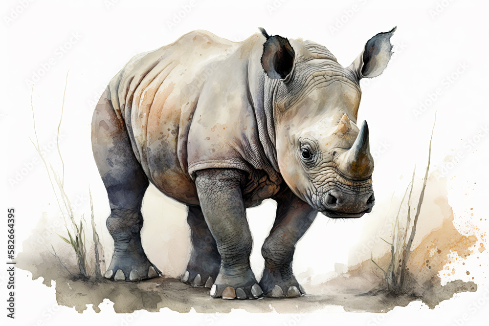 Obraz premium Watercolor painting of a cute baby rhino. generative ai. Baby rhino. Aquarelle illustration