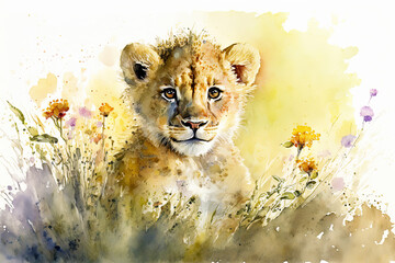 Acrylglasbilder Safari-Tiere in Aquarell Watercolor painting of a cute baby lion on a blooming meadow. Baby lion. generative ai. Aquarelle illustration  © Aquir