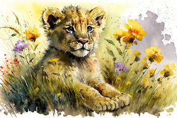 Leinwandbilder Safari-Tiere in Aquarell Watercolor painting of a cute baby lion on a blooming meadow. Baby lion. generative ai. Aquarelle illustration  © Aquir