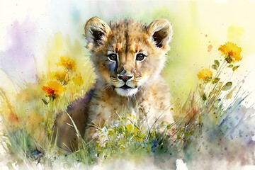 Acrylglasbilder Safari-Tiere in Aquarell Watercolor painting of a cute baby lion on a blooming meadow. Baby lion. generative ai. Aquarelle illustration  © Aquir