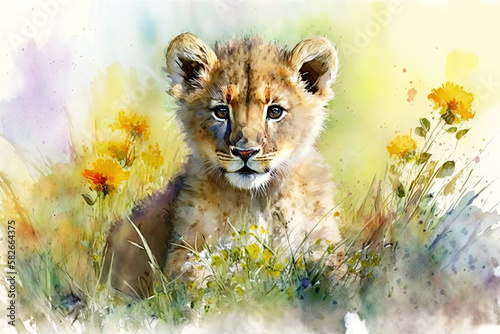 Watercolor painting of a cute baby lion on a blooming meadow. Baby lion. generative ai. Aquarelle illustration