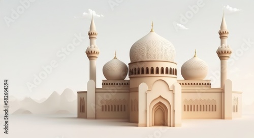 A model of a mosque with a blue background and a white background. Generative AI