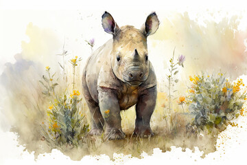 Acrylglasbilder Safari-Tiere in Aquarell Watercolor painting of a cute baby rhino on a blooming meadow. Baby rhino. generative ai. Aquarelle illustration  © Aquir