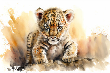 Acrylglasbilder Safari-Tiere in Aquarell Watercolor painting of a cute baby tiger. Baby tiger. generative ai. Aquarelle illustration  © Aquir