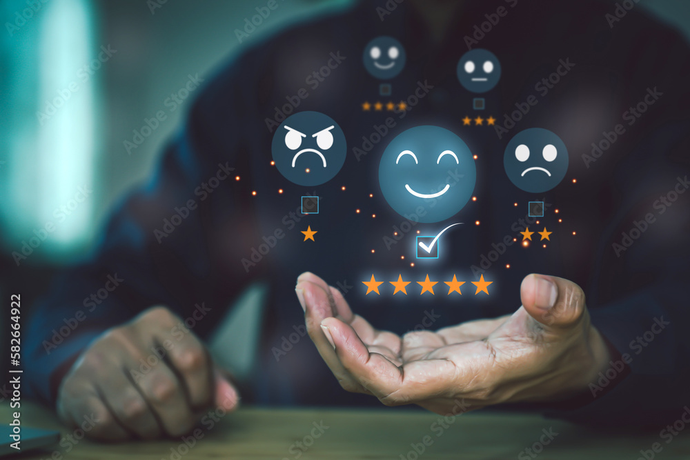 Customer services rating feedback satisfaction survey online business review questionnaire on technology data exchanges development for service mind, social media digital global marketing management - obrazy, fototapety, plakaty 