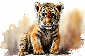 Acrylglasbilder Safari-Tiere in Aquarell Watercolor painting of a cute baby tiger. Baby tiger. generative ai. Aquarelle illustration  © Aquir