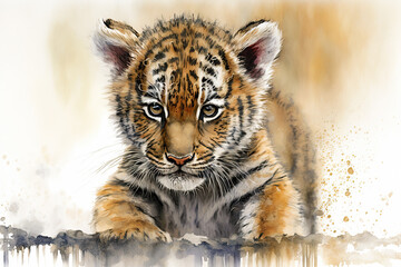 Acrylglasbilder Safari-Tiere in Aquarell Watercolor painting of a cute baby tiger. Baby tiger. generative ai. Aquarelle illustration  © Aquir