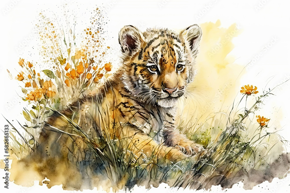 Watercolor painting of a cute baby tiger on a blooming meadow. Baby ...