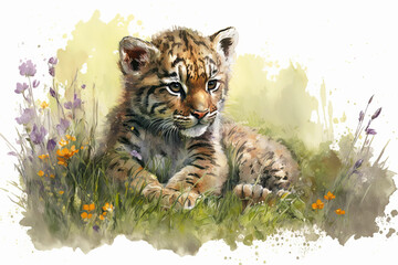 Acrylglasbilder Safari-Tiere in Aquarell Watercolor painting of a cute baby tiger on a blooming meadow. Baby tiger. generative ai. Aquarelle illustration  © Aquir