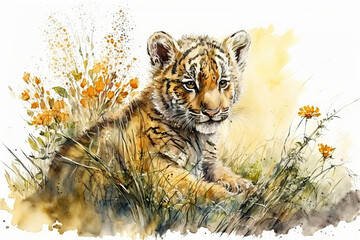 Acrylglasbilder Safari-Tiere in Aquarell Watercolor painting of a cute baby tiger on a blooming meadow. Baby tiger. generative ai. Aquarelle illustration  © Aquir