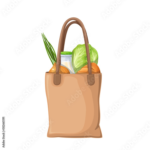 Canvas shopper bag with food vector illustration. Cartoon isolated fabric totebag with reusable pouch from eco friendly material full of grocery products, textile bag with handles for shopping