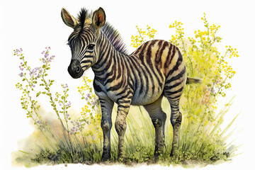 Acrylglasbilder Safari-Tiere in Aquarell Watercolor painting of a cute baby zebra on a blooming meadow. Baby zebra. generative ai. Aquarelle illustration  © Aquir