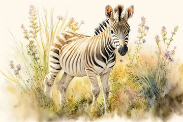 Leinwandbilder Safari-Tiere in Aquarell Watercolor painting of a cute baby zebra on a blooming meadow. Baby zebra. generative ai. Aquarelle illustration  © Aquir