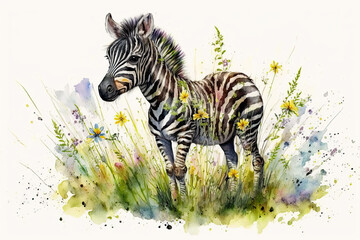 Acrylglasbilder Safari-Tiere in Aquarell Watercolor painting of a cute baby zebra on a blooming meadow. Baby zebra. generative ai. Aquarelle illustration  © Aquir