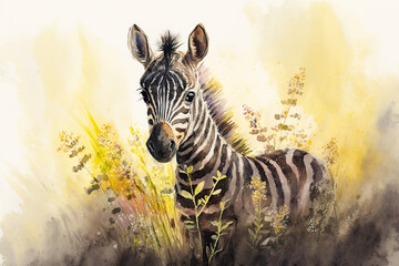 Leinwandbilder Safari-Tiere in Aquarell Watercolor painting of a cute baby zebra on a blooming meadow. Baby zebra. generative ai. Aquarelle illustration  © Aquir