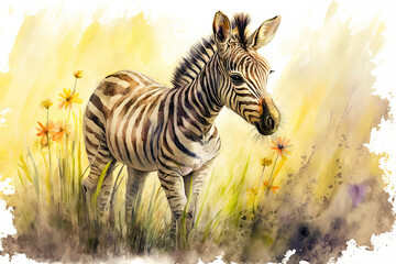 Acrylglasbilder Safari-Tiere in Aquarell Watercolor painting of a cute baby zebra on a blooming meadow. Baby zebra. generative ai. Aquarelle illustration  © Aquir