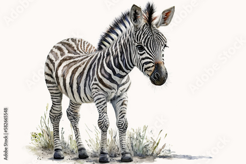 Watercolor painting of a cute baby zebra. Baby zebra. generative ai. Aquarelle illustration