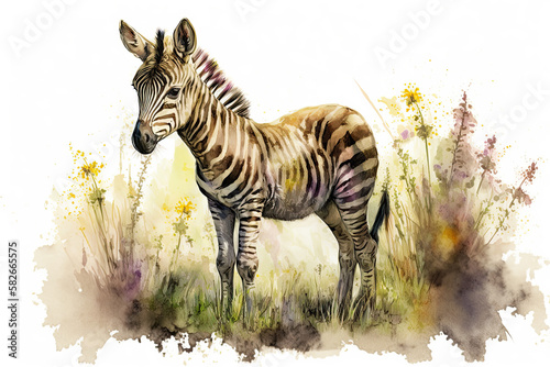 Watercolor painting of a cute baby zebra on a blooming meadow. Baby zebra. generative ai. Aquarelle illustration