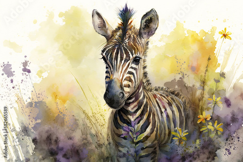 Watercolor painting of a cute baby zebra on a blooming meadow. Baby zebra. generative ai. Aquarelle illustration